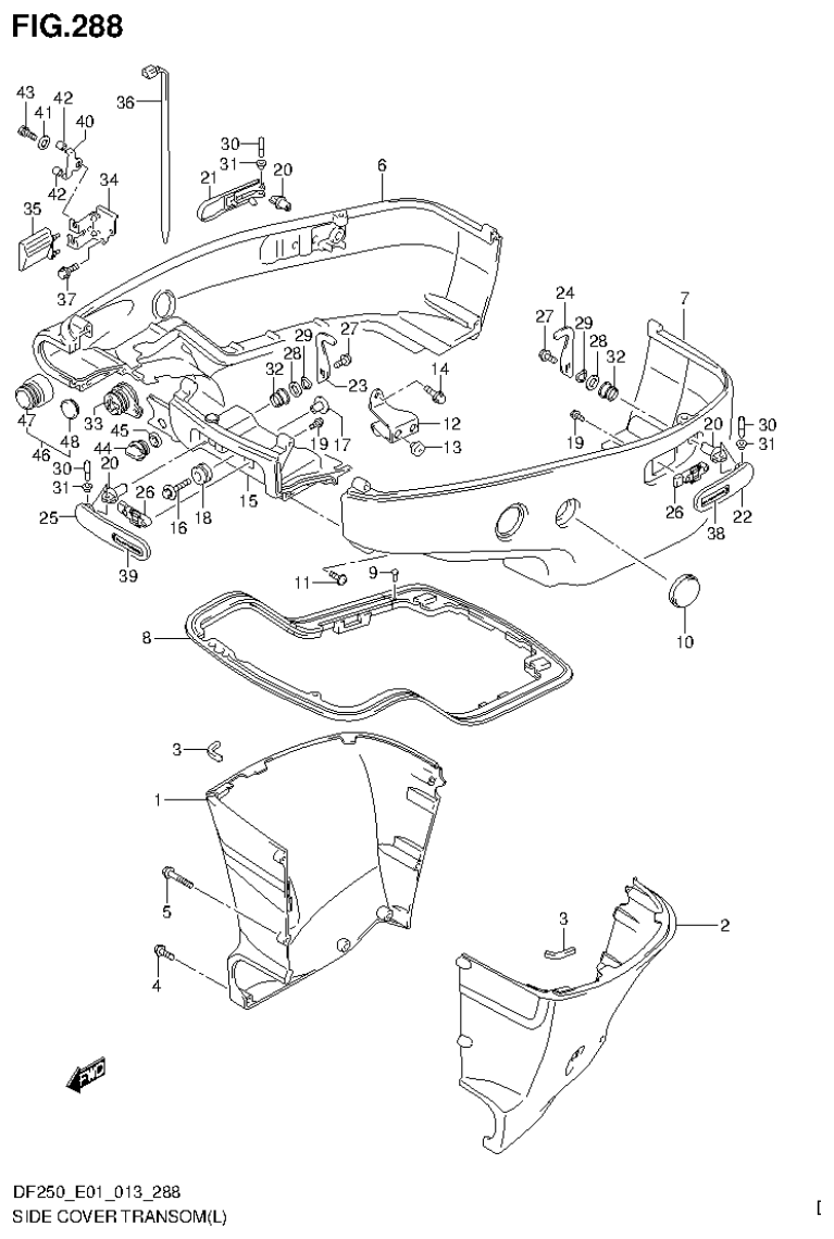 Suzuki DF200T, DF200Z, DF225T, DF225Z, DF250T, DF250Z SIDE COVER TRANSOM(L) (DF200T E40) parts diagram
